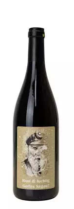 Rotwein mit Etikett "Hool di fuchtig" (10,00 EUR/Liter)