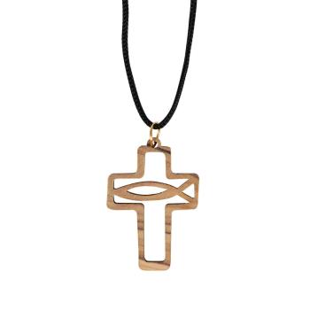 Preview: Halskette mit Kreuz/Fisch aus Olivenholz