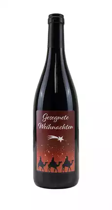Rotwein mit Etikett "Gesegnete Weihnachten  (10,00 EUR/Liter)