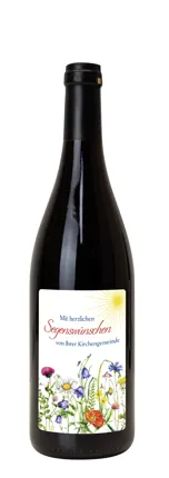 Rotwein mit Etikett Kirchengemeinde (10,00 EUR/Liter)