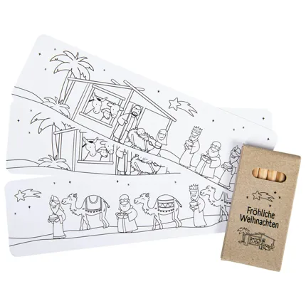 Set Lesezeichen "Krippe" und Buntstifte zum Ausmalen