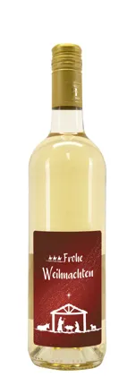 Weißwein mit Etikett "Frohe Weihnachten" (10,53 EUR/Liter), Grauer Burgunder