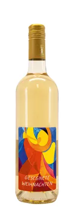 Weißwein mit Etikett Gesegnete Weihnachten (10,53 EUR/Liter)