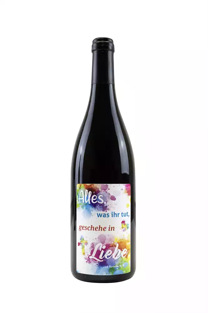 Rotwein mit Etikett Jahreslosung 2024 (10,00 EUR/Liter) Rotwein mit Etikett Jahreslosung 2024 (10,00 EUR/Liter)