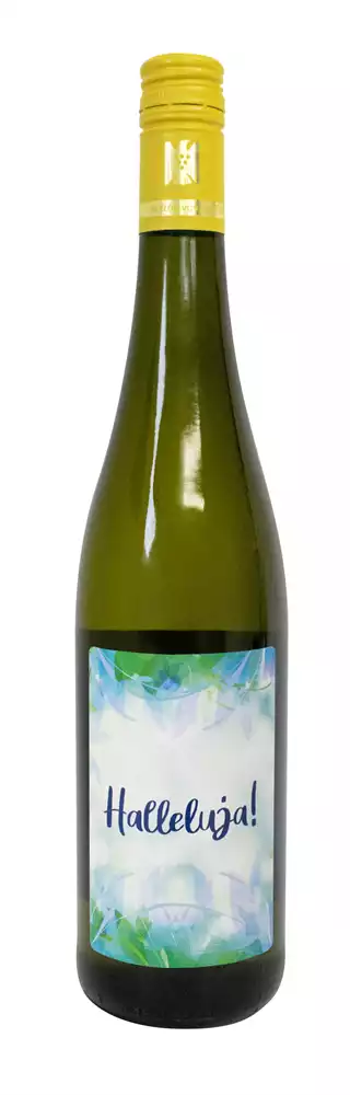 Weißwein mit Etikett "Halleluja" (10,00 EUR/Liter), Riesling