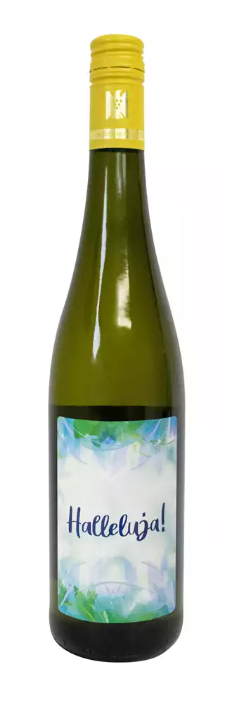 Weißwein mit Etikett "Halleluja" (10,00 EUR/Liter), Riesling Weißwein mit Etikett "Halleluja" (10,00 EUR/Liter), Riesling