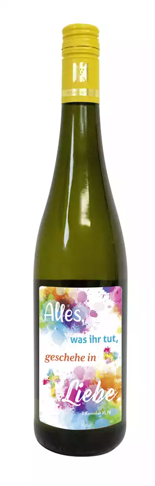 Weißwein mit Etikett Jahreslosung 2024 (10,00 EUR/Liter)