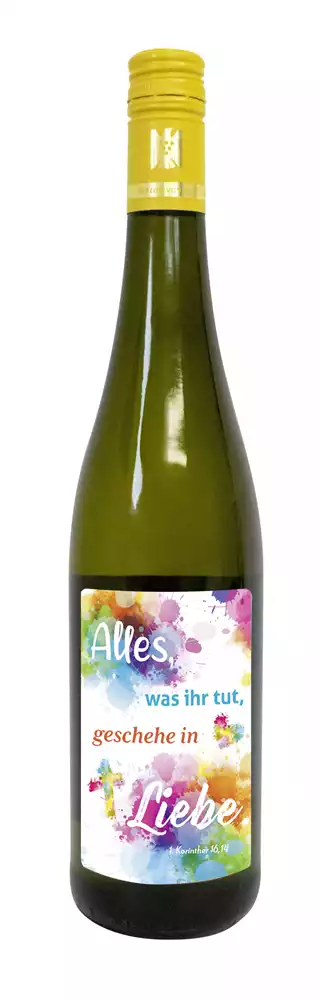 Weißwein mit Etikett Jahreslosung 2024 (10,00 EUR/Liter) Weißwein mit Etikett Jahreslosung 2024 (10,00 EUR/Liter)