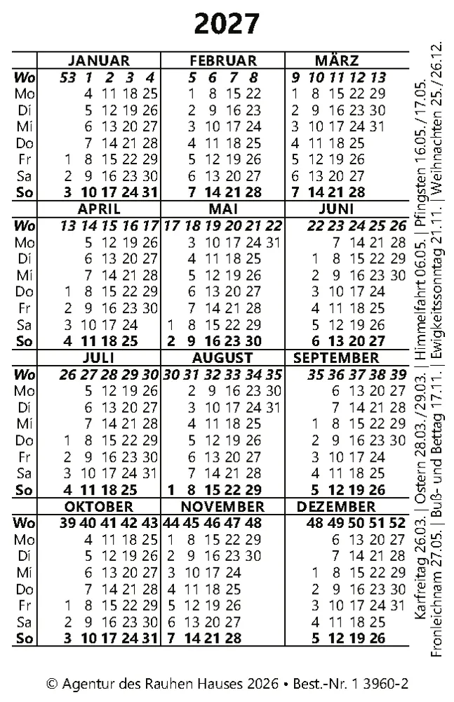 JL 2027 Kunst Taschenkalender (10 St.) Motiv: Glaube