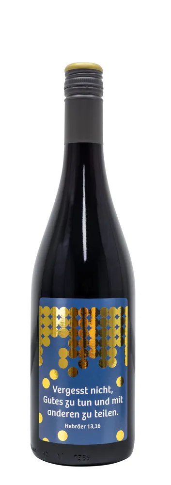Rotwein mit Etikett "Gutes tun" (10,53 EUR/Liter)